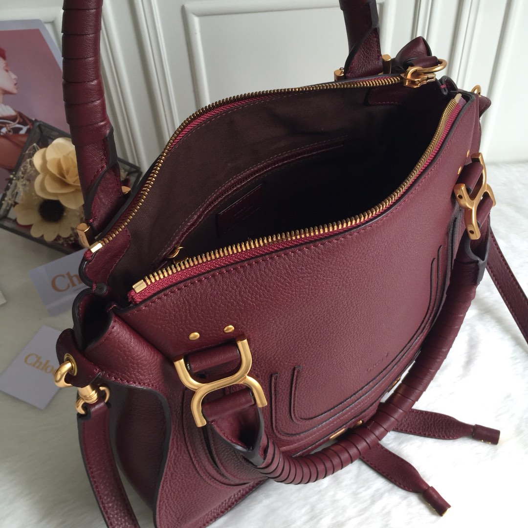 Chloe Large Marcie Bag In Bordeaux Grained Leather